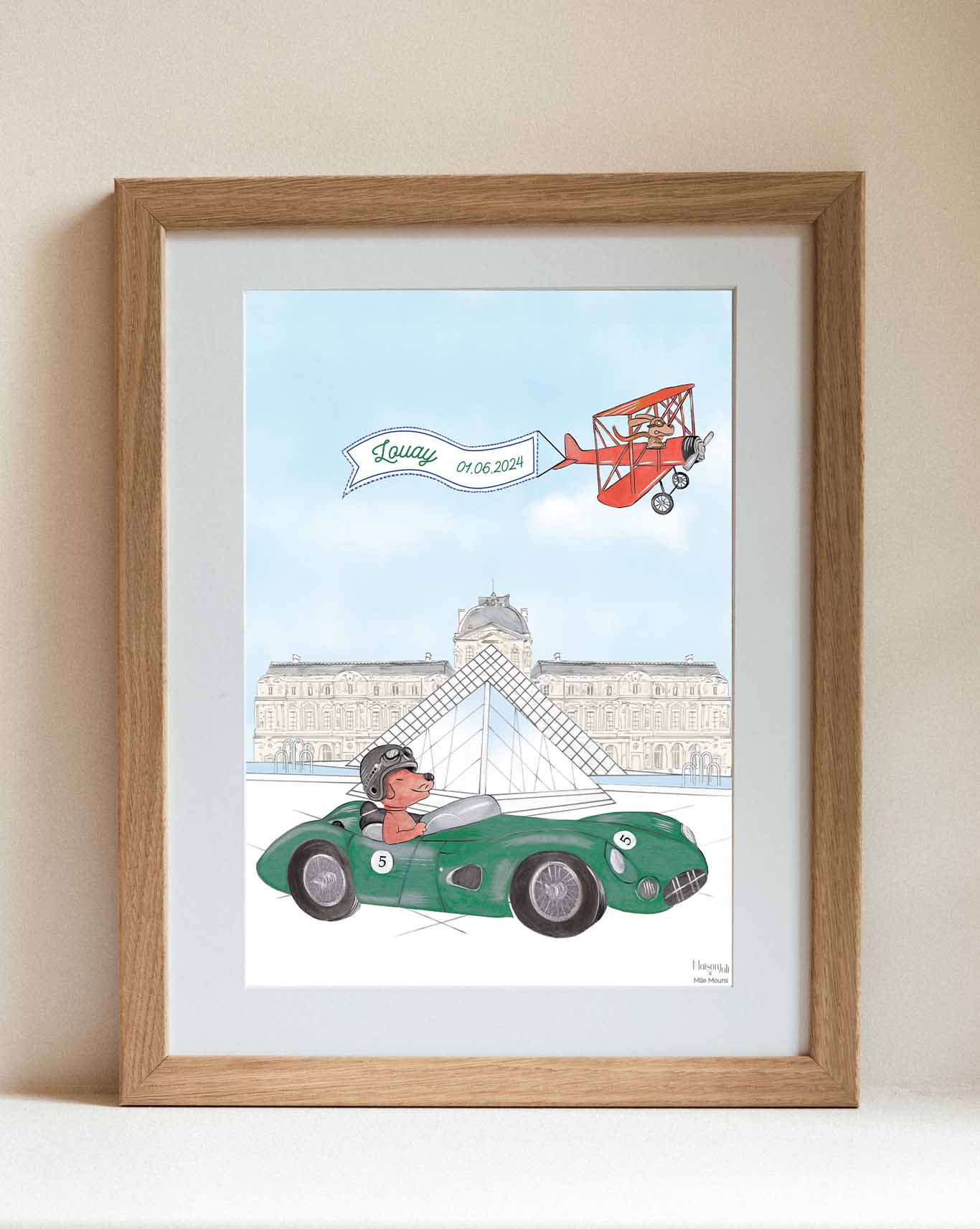 Conduite de chien de voiture de sport verte personnalisée par l'illustration du Louvre