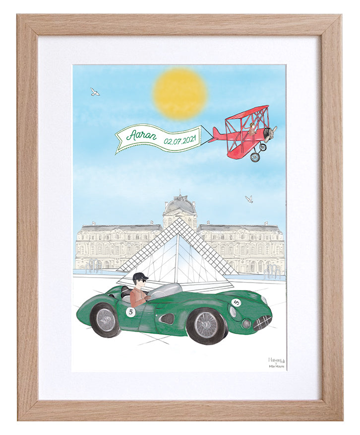 Personalised Sports Car Frenchman Driving by The Louvre Illustration