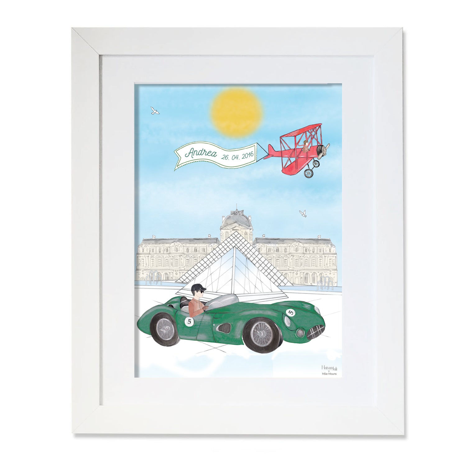 Personalised Sports Car Frenchman Driving by The Louvre Illustration